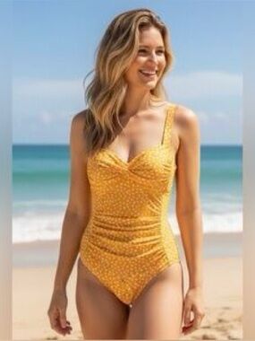 Nip Tuck Yellow Polka Dot One Piece Swimsuit Size 12 Tummy Control Ruched
